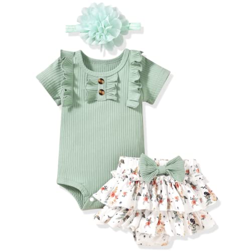 Preemie Baby Girls Summer Clothes Ribbed Short Sleeve Floral Ruffle Bloomer Shorts Premature Spring Outfit Olive Green by 