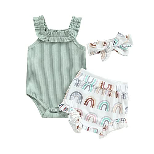 LIOMENGZI Newborn Baby Boy Girl Summer Clothes Outfits Set Fly Sleeve Solid Romper Tops Drawstring Short Headband Clothes Set (Green, 0-3 Months) by LIOMENGZI