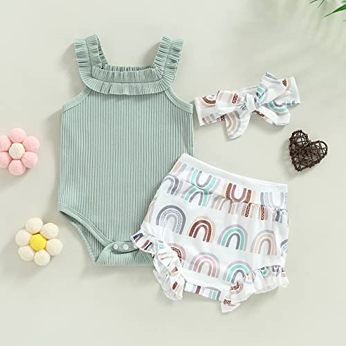 LIOMENGZI Newborn Baby Boy Girl Summer Clothes Outfits Set Fly Sleeve Solid Romper Tops Drawstring Short Headband Clothes Set (Green, 0-3 Months) by LIOMENGZI