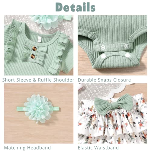 Preemie Baby Girls Summer Clothes Ribbed Short Sleeve Floral Ruffle Bloomer Shorts Premature Spring Outfit Olive Green by 