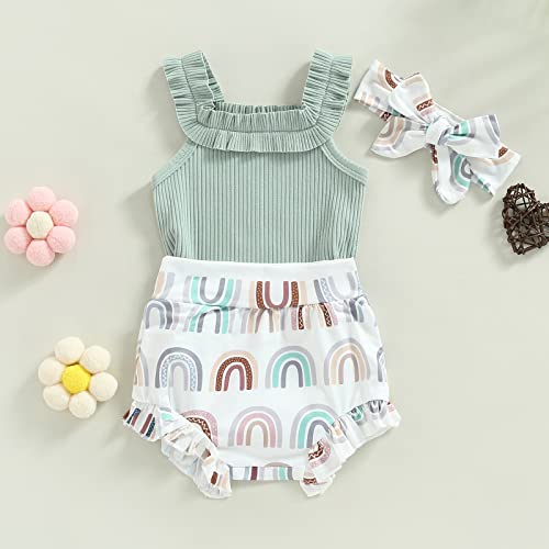 LIOMENGZI Newborn Baby Boy Girl Summer Clothes Outfits Set Fly Sleeve Solid Romper Tops Drawstring Short Headband Clothes Set (Green, 0-3 Months) by LIOMENGZI