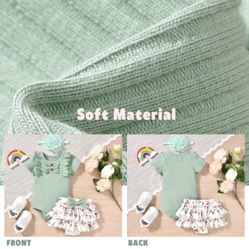 Preemie Baby Girls Summer Clothes Ribbed Short Sleeve Floral Ruffle Bloomer Shorts Premature Spring Outfit Olive Green by 