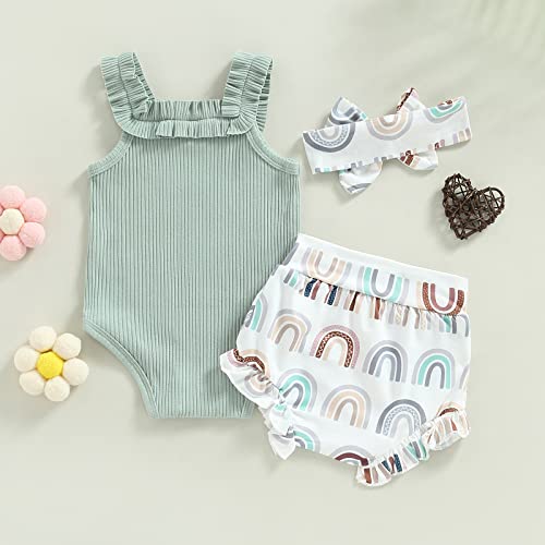 LIOMENGZI Newborn Baby Boy Girl Summer Clothes Outfits Set Fly Sleeve Solid Romper Tops Drawstring Short Headband Clothes Set (Green, 0-3 Months) by LIOMENGZI