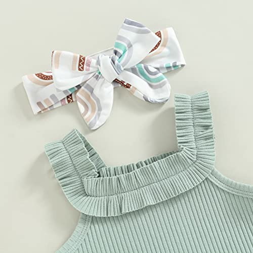 LIOMENGZI Newborn Baby Boy Girl Summer Clothes Outfits Set Fly Sleeve Solid Romper Tops Drawstring Short Headband Clothes Set (Green, 0-3 Months) by LIOMENGZI