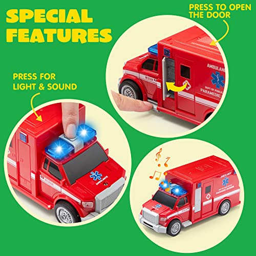 JOYIN 4 PC 7" Long Friction Powered City Play Vehicle Toy Set Including Police Car, School Bus, Garbage Truck, Ambulance, Vehicle Toy with Lights and Sound Siren by Joyin Inc