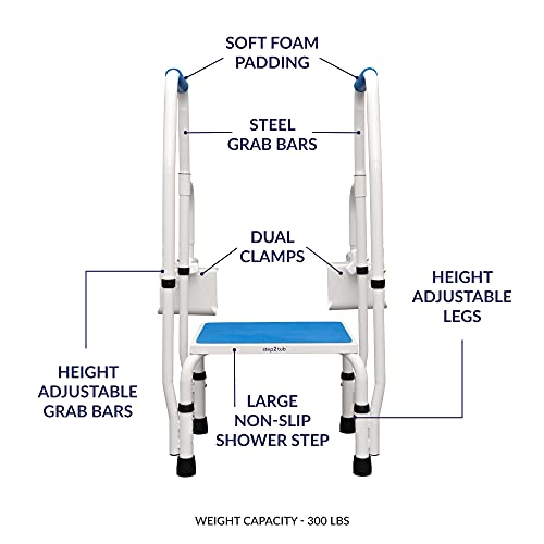 Step2tub Shower Step Stool for Seniors - Features Adjustable Height, Slip Resistant Step Stool with Handle for Elderly Entering & Exiting Bathtub - Extra Safe, Nonslip, Step Helps You Walk in Tub by Baiera Wellness Products, Inc