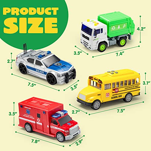 JOYIN 4 PC 7" Long Friction Powered City Play Vehicle Toy Set Including Police Car, School Bus, Garbage Truck, Ambulance, Vehicle Toy with Lights and Sound Siren by Joyin Inc