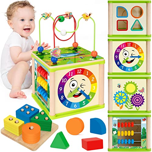 Montessori Toys for 1 Year old Boys & Girls,6-in-1Wooden Activity Cube, STEM Early Developmental Learning Toys for Kids Aged 1-2 and 12-18 Months, Ideal 1st Birthday Gift Toy for Baby, Toddlers (Pink) from Duchong