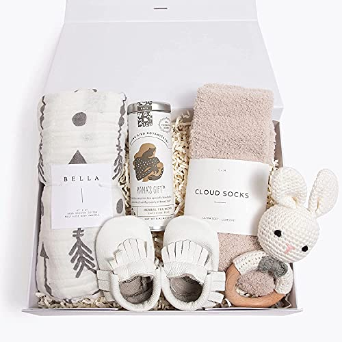 Unboxme New Mom Gifts For Women - Deluxe Baby Gift Basket I Postpartum & Push Present for Newborn Baby Boys & Girls Including Baby Booties, Muslin, Rattle, Socks, Herbal Tea & âHello Baby Girlâ Card by Unboxme Gifts