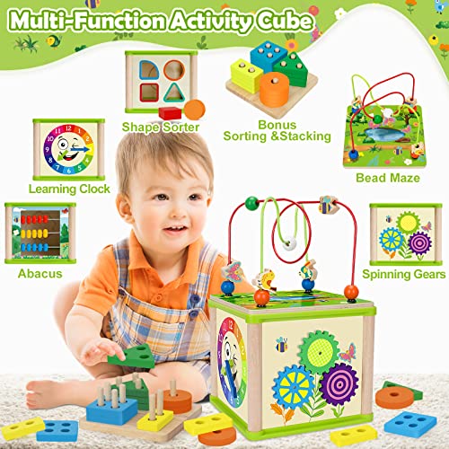 Montessori Toys for 1 Year old Boys & Girls,6-in-1Wooden Activity Cube, STEM Early Developmental Learning Toys for Kids Aged 1-2 and 12-18 Months, Ideal 1st Birthday Gift Toy for Baby, Toddlers (Pink) from Duchong