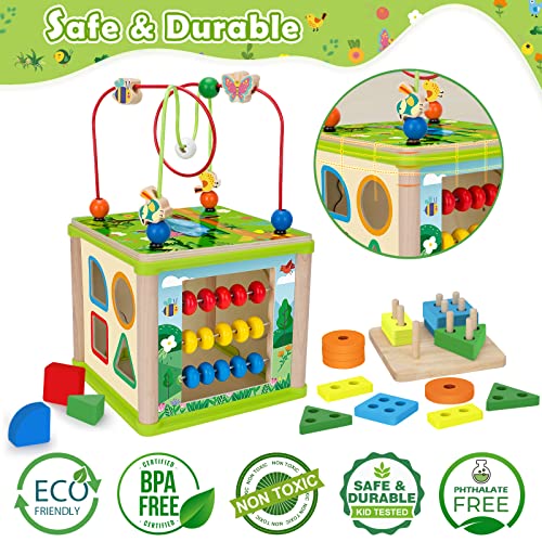 Montessori Toys for 1 Year old Boys & Girls,6-in-1Wooden Activity Cube, STEM Early Developmental Learning Toys for Kids Aged 1-2 and 12-18 Months, Ideal 1st Birthday Gift Toy for Baby, Toddlers (Pink) from Duchong