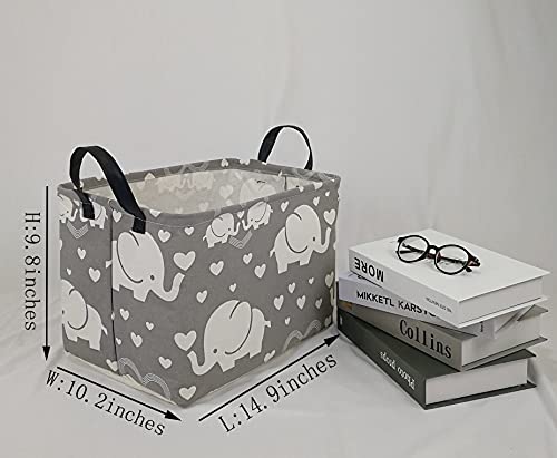 DUYIY Rectangle Canvas Storage Basket with Handle Large Organizer Bins for Dirty Laundry Hamper Baby Toys Nursery Kids Clothes Gift Basket (REC-Love Elephant) from DUYIY