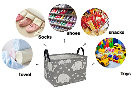 DUYIY Rectangle Canvas Storage Basket with Handle Large Organizer Bins for Dirty Laundry Hamper Baby Toys Nursery Kids Clothes Gift Basket (REC-Love Elephant) from DUYIY
