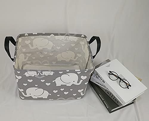 DUYIY Rectangle Canvas Storage Basket with Handle Large Organizer Bins for Dirty Laundry Hamper Baby Toys Nursery Kids Clothes Gift Basket (REC-Love Elephant) from DUYIY