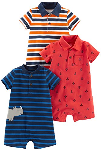 Simple Joys by Carter's Baby Boys' Rompers, Pack of 3, Orange/Navy/Red, Stripe/Anchor, 0-3 Months by Carter's Simple Joys - Private Label
