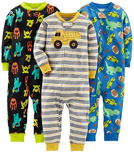 Simple Joys by Carter's Baby Boys' Snug Fit Footless Cotton Pajamas, Pack of 3, Blue/Navy/Grey, Trucks/Dinosaur/Monster, 6-9 Months from Carter's Simple Joys - Private Label