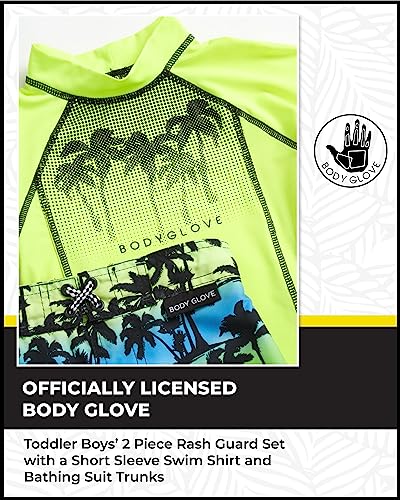 Body Glove Baby Boys' Toddler Rash Guard Swim Set - UPF 50+ Swim Shirt and Bathing Suit Trunks for Boys (2T-4T), Size 2T, Green Neon/Palm Trees from 