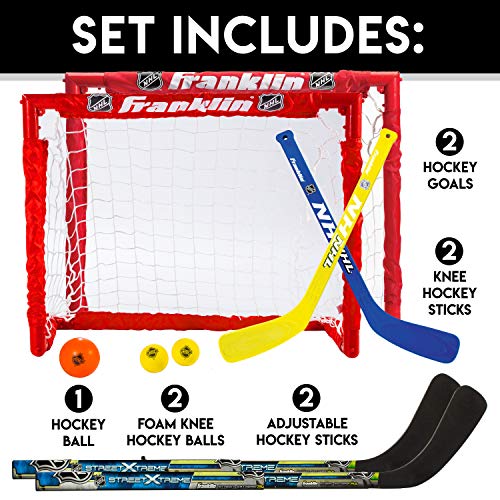 Franklin Sports Kids Folding Hockey 2 Goal Set - NHL - Street Hockey & Knee Hockey - Includes 2 Adjustable Hockey Sticks, 2 Knee Hockey Sticks, 2 Hockey Balls - 24 x 19 x 19 Inch Goal from Franklin Sports
