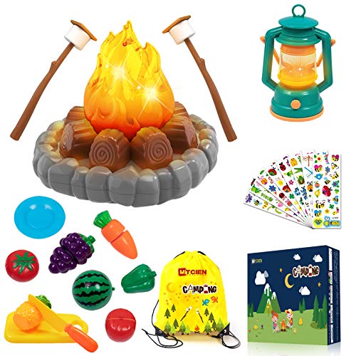 MITCIEN Camping Toys Play Set, Pretend Campfire, play food for kids with Oil Lantern, Pretend Fruits Vegetables Cutting, S'Mores, Indoor Outdoor Toys for Toddler by MITCIEN