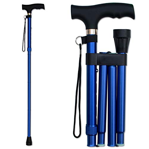 RMS Folding Cane - Foldable, Adjustable, Lightweight Aluminum Offset Walking Cane - Collapsible Walking Stick with Ergonomic Derby Handle - Ideal Daily Living Aid for Limited Mobility (Blue) by Royal Medical Solutions