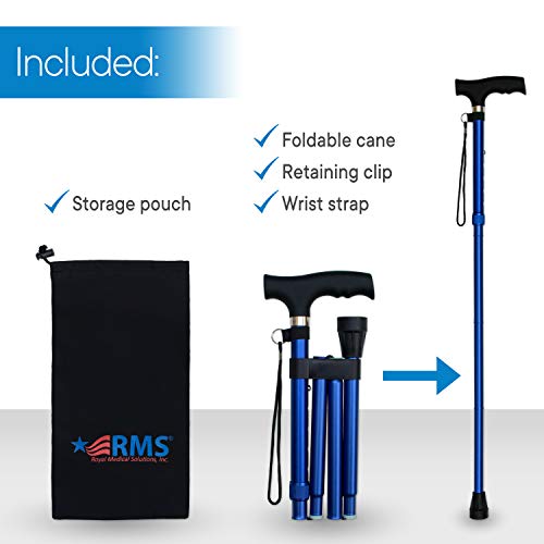 RMS Folding Cane - Foldable, Adjustable, Lightweight Aluminum Offset Walking Cane - Collapsible Walking Stick with Ergonomic Derby Handle - Ideal Daily Living Aid for Limited Mobility (Blue) by Royal Medical Solutions