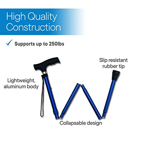 RMS Folding Cane - Foldable, Adjustable, Lightweight Aluminum Offset Walking Cane - Collapsible Walking Stick with Ergonomic Derby Handle - Ideal Daily Living Aid for Limited Mobility (Blue) by Royal Medical Solutions