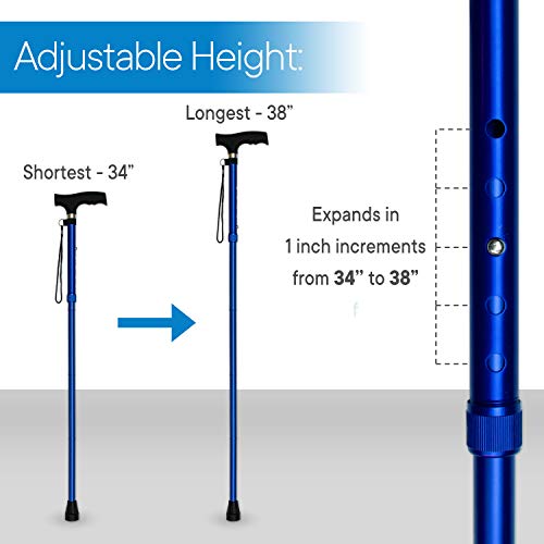 RMS Folding Cane - Foldable, Adjustable, Lightweight Aluminum Offset Walking Cane - Collapsible Walking Stick with Ergonomic Derby Handle - Ideal Daily Living Aid for Limited Mobility (Blue) by Royal Medical Solutions