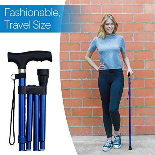 RMS Folding Cane - Foldable, Adjustable, Lightweight Aluminum Offset Walking Cane - Collapsible Walking Stick with Ergonomic Derby Handle - Ideal Daily Living Aid for Limited Mobility (Blue) by Royal Medical Solutions
