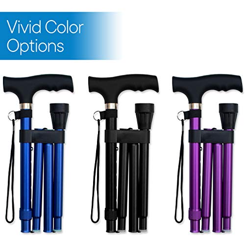 RMS Folding Cane - Foldable, Adjustable, Lightweight Aluminum Offset Walking Cane - Collapsible Walking Stick with Ergonomic Derby Handle - Ideal Daily Living Aid for Limited Mobility (Blue) by Royal Medical Solutions