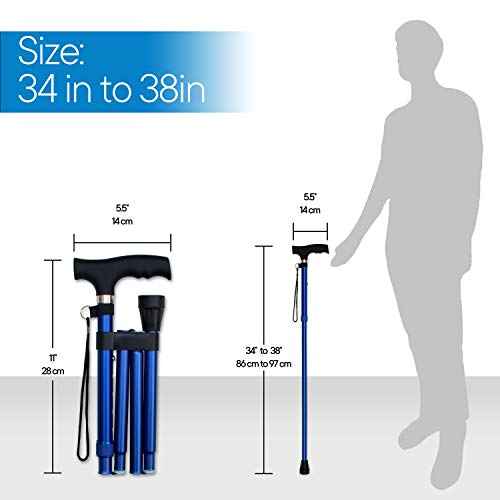 RMS Folding Cane - Foldable, Adjustable, Lightweight Aluminum Offset Walking Cane - Collapsible Walking Stick with Ergonomic Derby Handle - Ideal Daily Living Aid for Limited Mobility (Blue) by Royal Medical Solutions