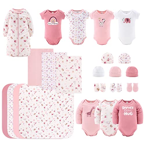 The Peanutshell Newborn Clothes & Accessories Set - 23 Piece Baby Girl Layette Gift Set - Fits Newborn to 3 Months - Rainbow & Safari, Pink from Farallon Brands