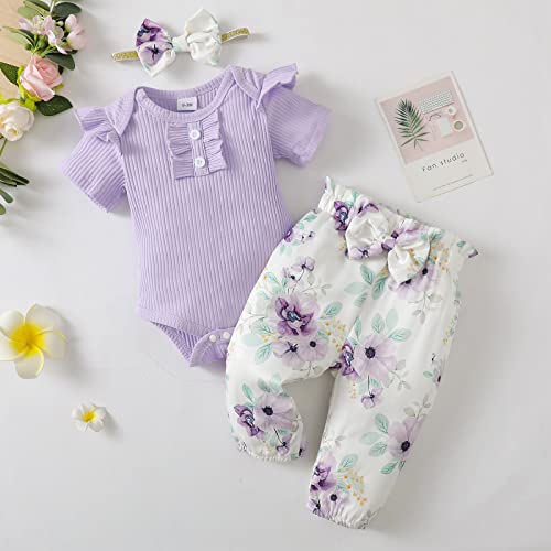 Tokidaring Newborn Baby Girl Clothes Romper Pants Set Floral Infant Outfits Cotton Baby Clothes for Girls 0-18 Months (purple short sleeve, 12-18M) by 