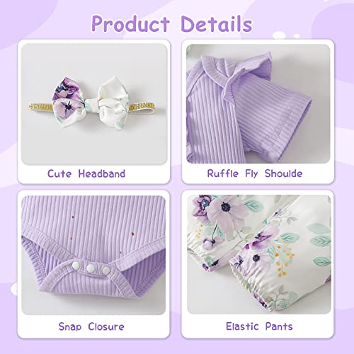 Tokidaring Newborn Baby Girl Clothes Romper Pants Set Floral Infant Outfits Cotton Baby Clothes for Girls 0-18 Months (purple short sleeve, 12-18M) by 