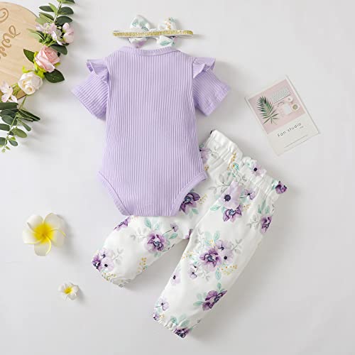 Tokidaring Newborn Baby Girl Clothes Romper Pants Set Floral Infant Outfits Cotton Baby Clothes for Girls 0-18 Months (purple short sleeve, 12-18M) by 
