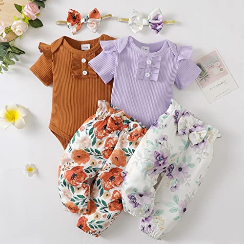 Tokidaring Newborn Baby Girl Clothes Romper Pants Set Floral Infant Outfits Cotton Baby Clothes for Girls 0-18 Months (purple short sleeve, 12-18M) by 