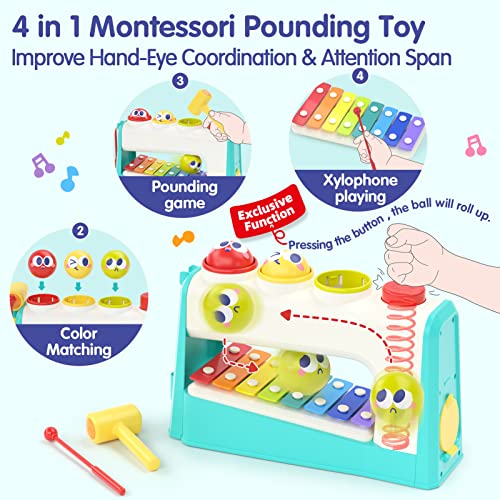 HOLA Toys for 1 Year Old Boy Gifts- 4 in1 Musical Pounding Toy with Xylophone, Baby Toys 12-18 Months, Learning & Education Toys for Toddler Toys Age 1-2 3, Montessori Toys for 1 Year Old Girl Gifts from HOLA