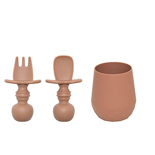 Tooshka Silicone Baby Utensils & Tiny Cup (Terra Cotta) - Bpa Free - Baby Led Weaning - Baby Spoon, Fork & Training Cup for 6 Months+ Anti-Choke Baby Feeding Supplies from ANRC Goods Factories