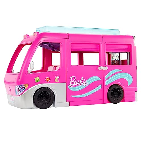 Barbie Dreamcamper Vehicle Playset, 2.5 Feet Tall with Rolling Wheels, 7 Play Areas, Pool, Slide and 60+ Camping Accessories, Gift for 3 Year Olds & Up from Mattel