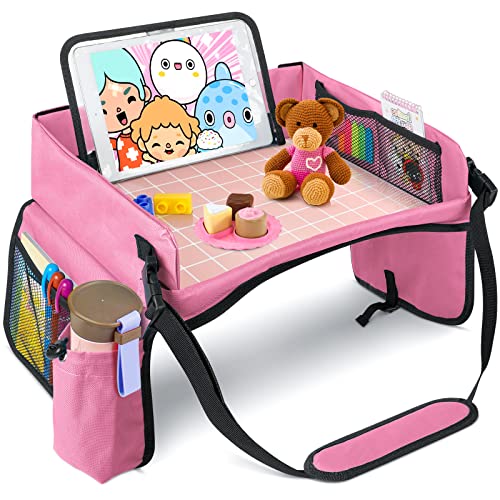 [New Version] Car Seat Organizer Kids Travel Tray for Kids Toddlers Activities in Car Seat, Stroller, Airplane | Touch Screen iPad Holder | Waterproof Dry Erase Top | Side Pocket & Water Bottle Holder by BUENAVO
