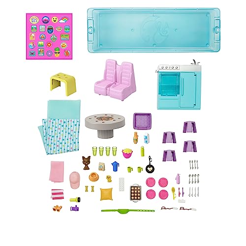 Barbie Dreamcamper Vehicle Playset, 2.5 Feet Tall with Rolling Wheels, 7 Play Areas, Pool, Slide and 60+ Camping Accessories, Gift for 3 Year Olds & Up from Mattel