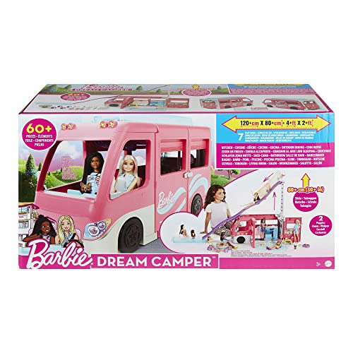 Barbie Dreamcamper Vehicle Playset, 2.5 Feet Tall with Rolling Wheels, 7 Play Areas, Pool, Slide and 60+ Camping Accessories, Gift for 3 Year Olds & Up from Mattel