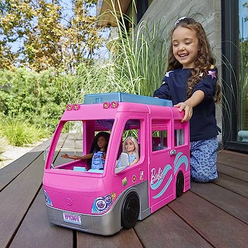 Barbie Dreamcamper Vehicle Playset, 2.5 Feet Tall with Rolling Wheels, 7 Play Areas, Pool, Slide and 60+ Camping Accessories, Gift for 3 Year Olds & Up from Mattel