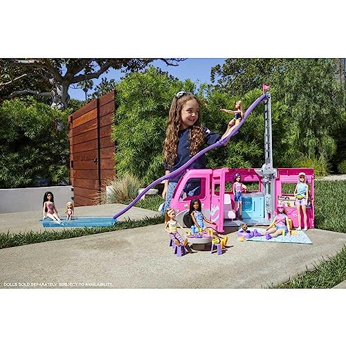 Barbie Dreamcamper Vehicle Playset, 2.5 Feet Tall with Rolling Wheels, 7 Play Areas, Pool, Slide and 60+ Camping Accessories, Gift for 3 Year Olds & Up from Mattel