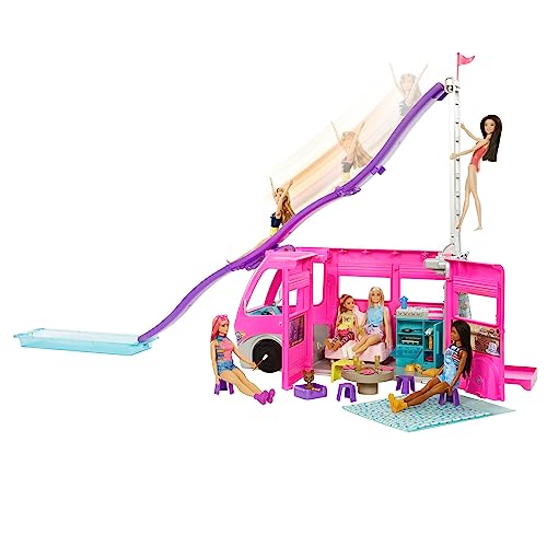 Barbie Dreamcamper Vehicle Playset, 2.5 Feet Tall with Rolling Wheels, 7 Play Areas, Pool, Slide and 60+ Camping Accessories, Gift for 3 Year Olds & Up from Mattel