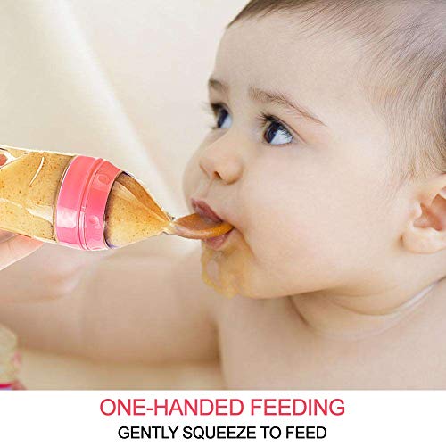 Baby Mate Silicone Baby Food Dispensing Spoon Feeder (Pink, 4oz/120ml, for 4 Months+ Babies) - Silicone Travel Infa Feeder Infant Feeders for Cereal and Baby Food - Silicone Squeeze Feeder with Spoon from BABY MATE BABY SAFETY SOLUTIONS LLC