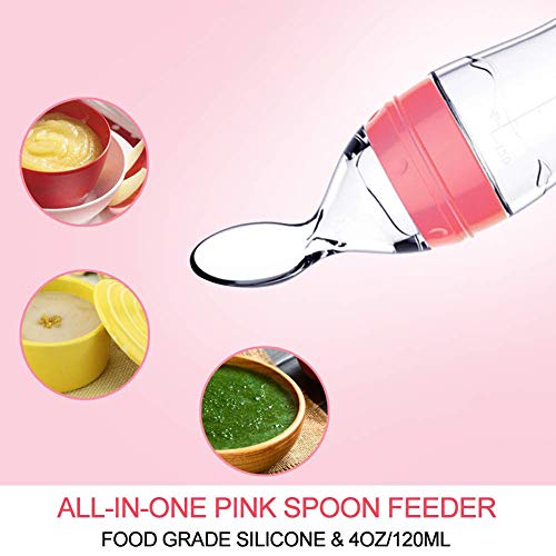 Baby Mate Silicone Baby Food Dispensing Spoon Feeder (Pink, 4oz/120ml, for 4 Months+ Babies) - Silicone Travel Infa Feeder Infant Feeders for Cereal and Baby Food - Silicone Squeeze Feeder with Spoon from BABY MATE BABY SAFETY SOLUTIONS LLC