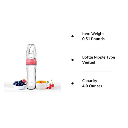 Baby Mate Silicone Baby Food Dispensing Spoon Feeder (Pink, 4oz/120ml, for 4 Months+ Babies) - Silicone Travel Infa Feeder Infant Feeders for Cereal and Baby Food - Silicone Squeeze Feeder with Spoon from BABY MATE BABY SAFETY SOLUTIONS LLC