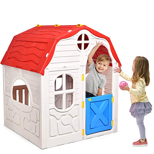 Costzon Kids Foldable Playhouse, Portable Game Cottage with Windows, Door, Realistic Home and Garden Play House, Gift for Toddler Boys Girls Indoor Outdoor from Costzon
