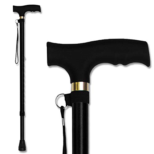 RMS Walking Cane - Adjustable Walking Stick - Lightweight Aluminum Offset Cane with Ergonomic Handle and Wrist Strap - Ideal Daily Living Aid for Limited Mobility (Black) from Royal Medical Solutions