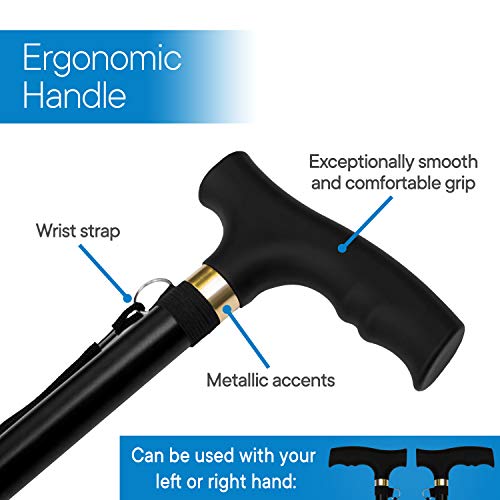 RMS Walking Cane - Adjustable Walking Stick - Lightweight Aluminum Offset Cane with Ergonomic Handle and Wrist Strap - Ideal Daily Living Aid for Limited Mobility (Black) from Royal Medical Solutions